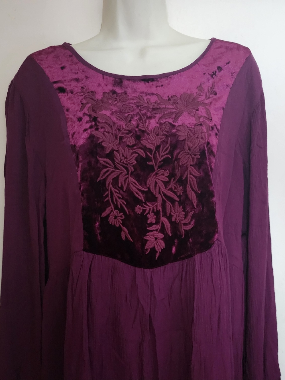 Embroidered Velvet Panel Boho Tunic Top L